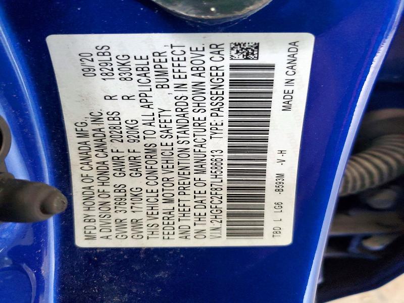 58093696 :رقم المزاد ، 2HGFC2F87LH586613 vin ، 2020 Honda Civic مزاد بيع
