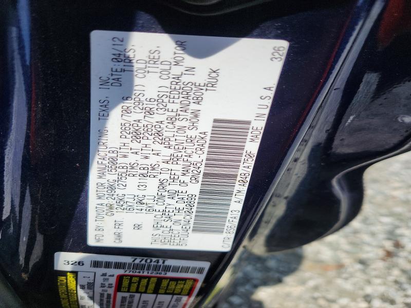 Aukcja sprzedaży 2012 Toyota Tacoma, vin: 5TFUU4EN4CX040899, numer aukcji: 85990065