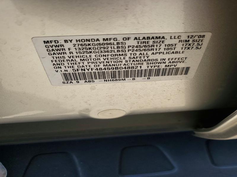58988676 :رقم المزاد ، 5FNYF48459B048821 vin ، 2009 Honda Pilot مزاد بيع