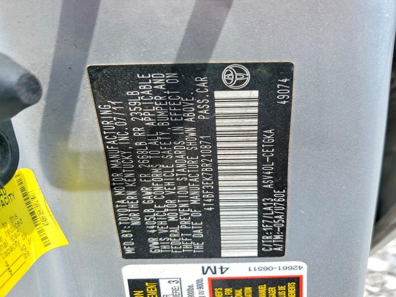 2011 Toyota Camry მანქანა იყიდება აუქციონზე, vin: 4T4BF3EK7BR210871, აუქციონის ნომერი: 58944396