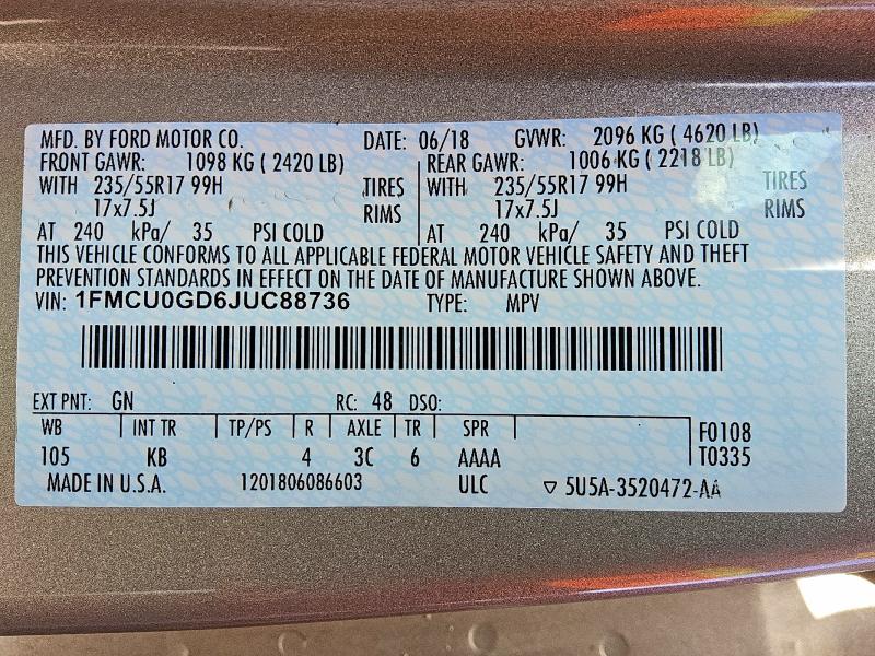 Aukcja sprzedaży 2018 Ford Escape, vin: 1FMCU0GD6JUC88736, numer aukcji: 55027586