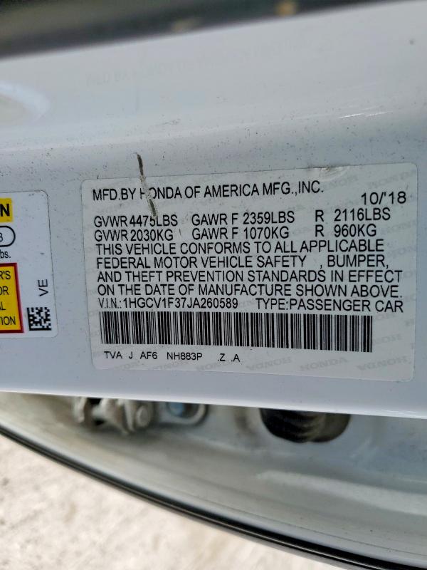 2018 Honda Accord მანქანა იყიდება აუქციონზე, vin: 1HGCV1F37JA260589, აუქციონის ნომერი: 55841076