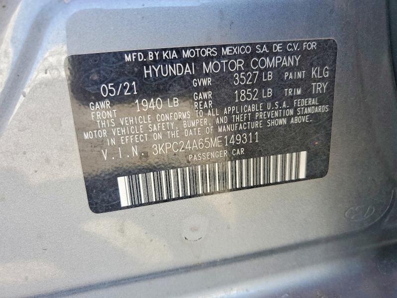 2021 Hyundai Accent მანქანა იყიდება აუქციონზე, vin: 3KPC24A65ME149311, აუქციონის ნომერი: 58407536