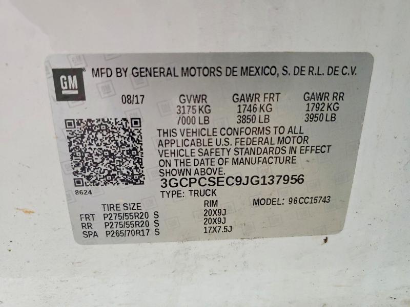 2018 Chevrolet Silverado მანქანა იყიდება აუქციონზე, vin: 3GCPCSEC9JG137956, აუქციონის ნომერი: 57441016