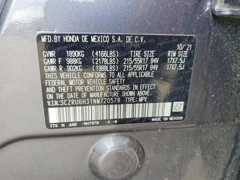 2022 Honda Hr-v მანქანა იყიდება აუქციონზე, vin: 3CZRU6H31NM720578, აუქციონის ნომერი: 58075216