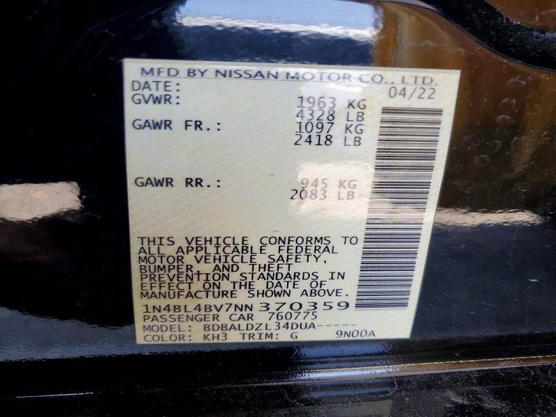 Auction sale of the 2022 Nissan Altima, vin: 1N4BL4BV7NN370359, lot number: 58496136