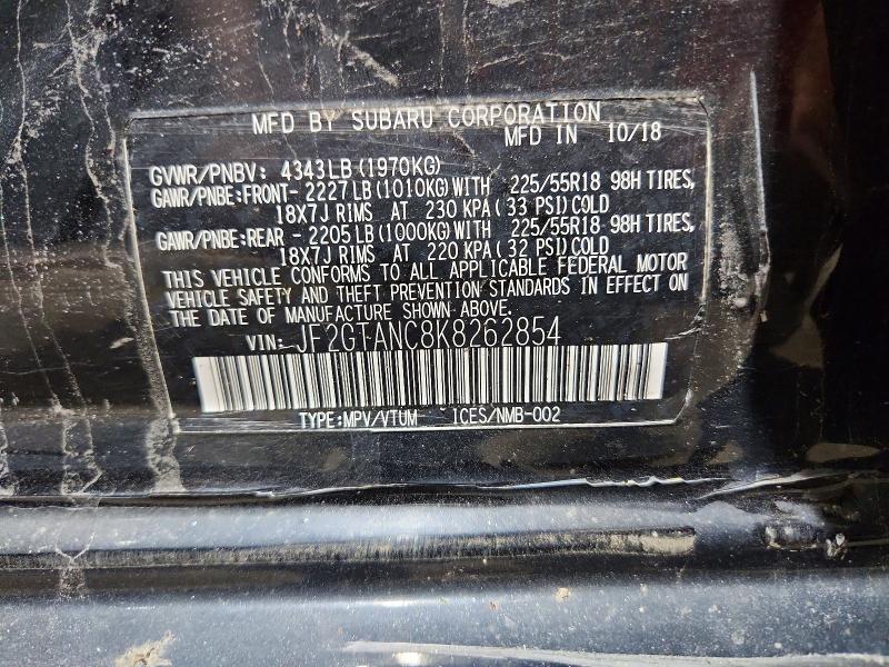 2019 Subaru Crosstrek მანქანა იყიდება აუქციონზე, vin: JF2GTANC8K8262854, აუქციონის ნომერი: 58869346