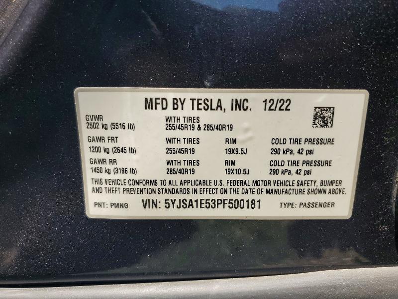 2023 Tesla Model S მანქანა იყიდება აუქციონზე, vin: 5YJSA1E53PF500181, აუქციონის ნომერი: 56718476
