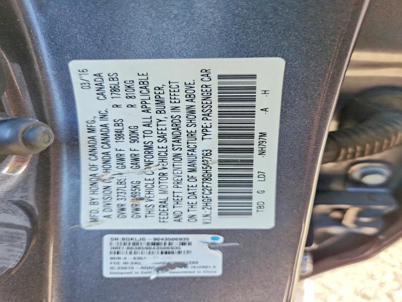 58615126 :رقم المزاد ، 2HGFC2F78GH542763 vin ، 2016 Honda Civic مزاد بيع