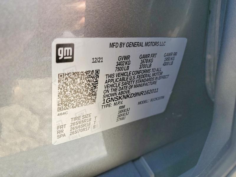 Продаж на аукціоні авто 2022 Chevrolet Tahoe, vin: 1GNSKNKD9NR162011, номер лоту: 55589816