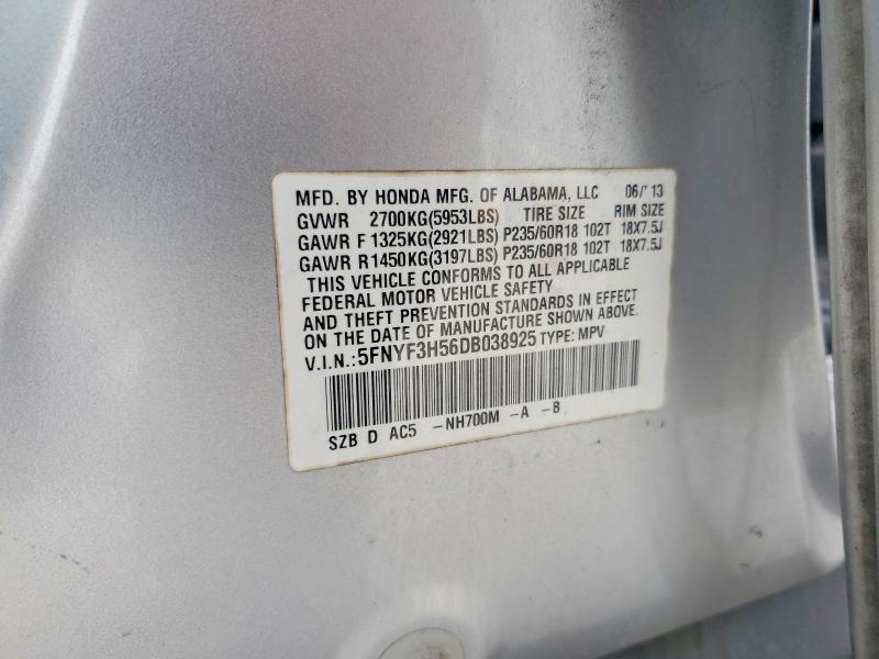 59147826 :رقم المزاد ، 5FNYF3H56DB038925 vin ، 2013 Honda Pilot مزاد بيع
