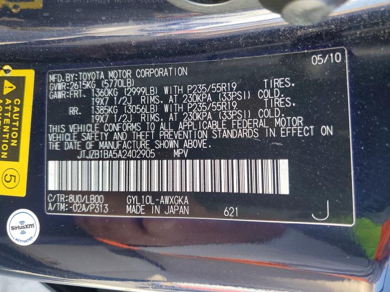 55630546 :رقم المزاد ، JTJZB1BA5A2402905 vin ، 2010 Lexus Rx مزاد بيع