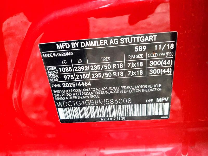 2019 Mercedes-benz Gla მანქანა იყიდება აუქციონზე, vin: WDCTG4GB8KJ586008, აუქციონის ნომერი: 57709896