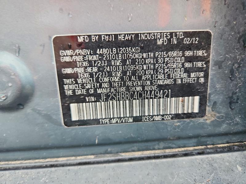 58267656 :رقم المزاد ، JF2SHBBC4CH449421 vin ، 2012 Subaru Forester مزاد بيع