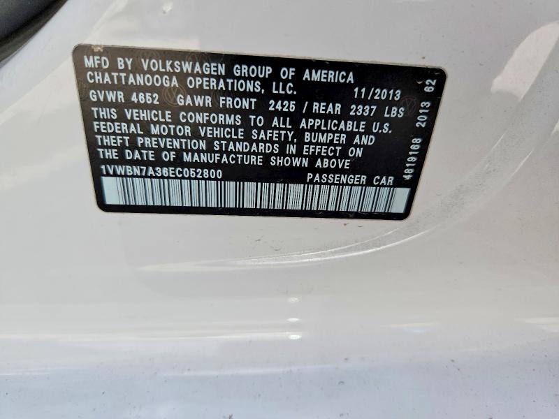 2014 Volkswagen Passat მანქანა იყიდება აუქციონზე, vin: 1VWBN7A36EC052800, აუქციონის ნომერი: 85983555