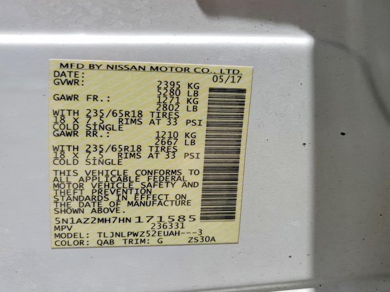 Продажа на аукционе авто 2017 Nissan Murano, vin: 5N1AZ2MH7HN171585, номер лота: 56739296
