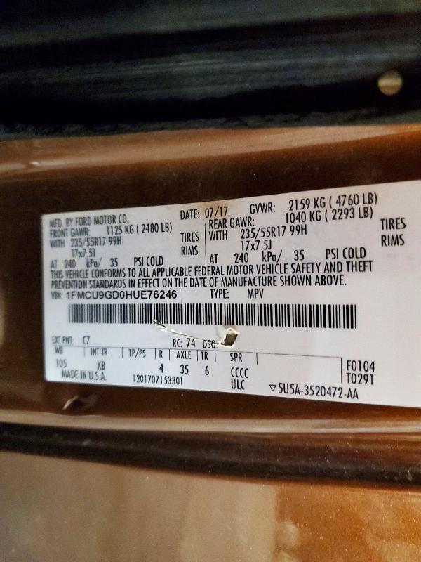 2017 Ford Escape მანქანა იყიდება აუქციონზე, vin: 1FMCU9GD0HUE76246, აუქციონის ნომერი: 57666096