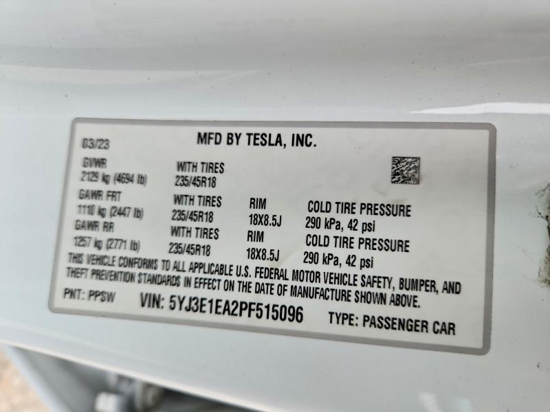58154946 :رقم المزاد ، 5YJ3E1EA2PF515096 vin ، 2023 Tesla Model 3 مزاد بيع