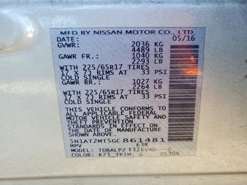 56618326 :رقم المزاد ، 5N1AT2MT5GC861481 vin ، 2016 Nissan Rogue مزاد بيع