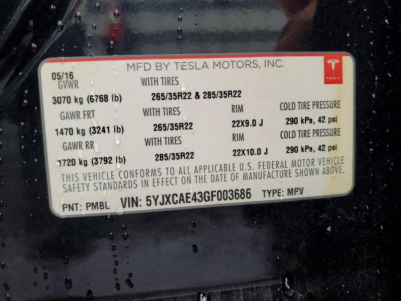 2016 Tesla Model X მანქანა იყიდება აუქციონზე, vin: 5YJXCAE43GF003686, აუქციონის ნომერი: 55729476