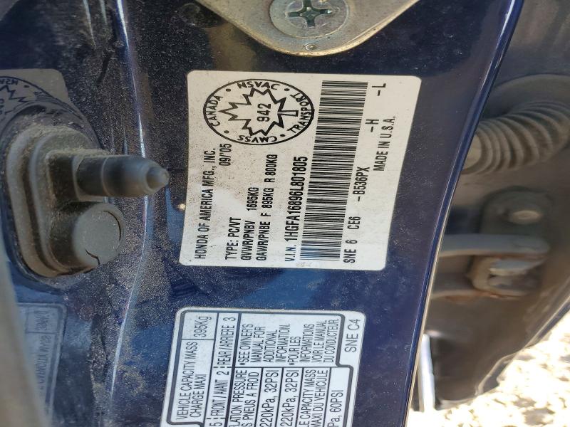 2006 Honda Civic მანქანა იყიდება აუქციონზე, vin: 1HGFA16896L801805, აუქციონის ნომერი: 58586836