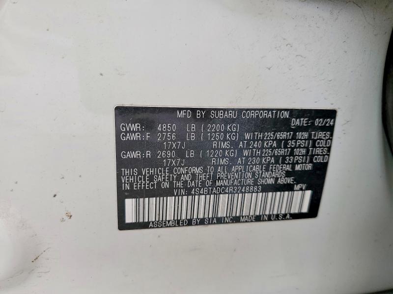 2024 Subaru Outback მანქანა იყიდება აუქციონზე, vin: 4S4BTADC4R3248883, აუქციონის ნომერი: 55371116
