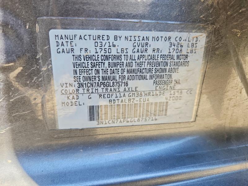 58730636 :رقم المزاد ، 3N1CN7AP6GL875716 vin ، 2016 Nissan Versa مزاد بيع