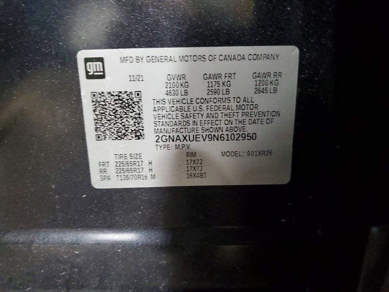 2022 Chevrolet Equinox მანქანა იყიდება აუქციონზე, vin: 2GNAXUEV9N6102950, აუქციონის ნომერი: 57780146