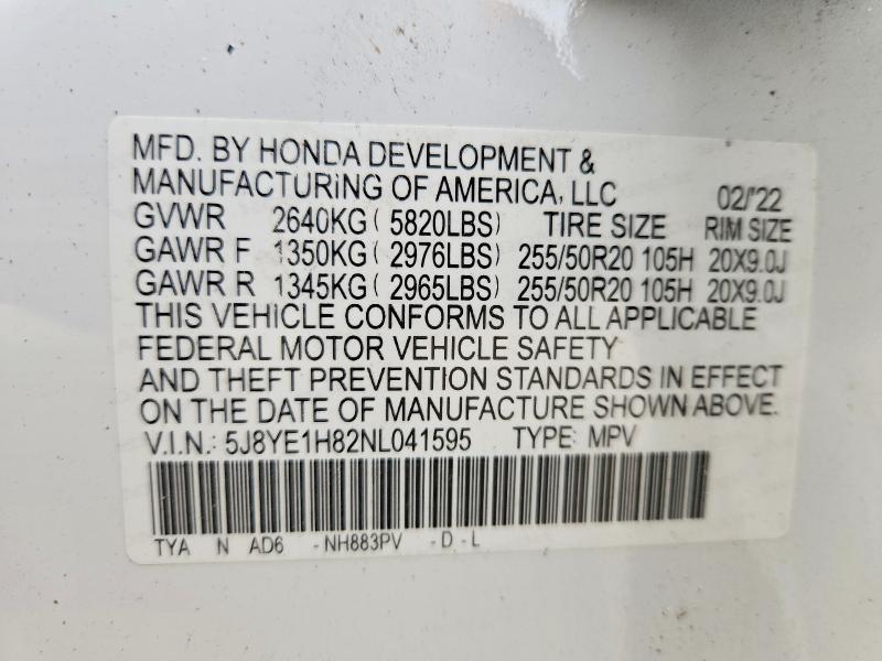 57849146 :رقم المزاد ، 5J8YE1H82NL041595 vin ، 2022 Acura Mdx مزاد بيع