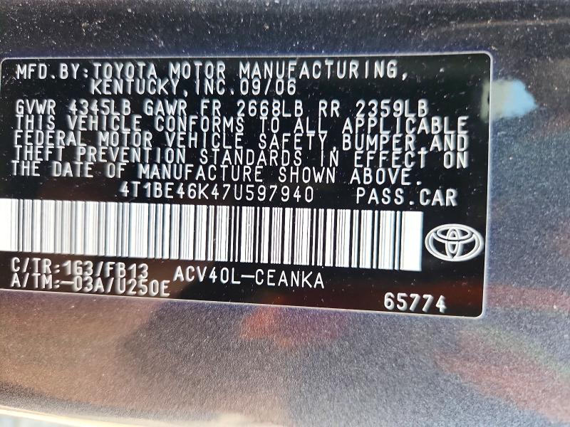 Продаж на аукціоні авто 2007 Toyota Camry, vin: 4T1BE46K47U597940, номер лоту: 55632506