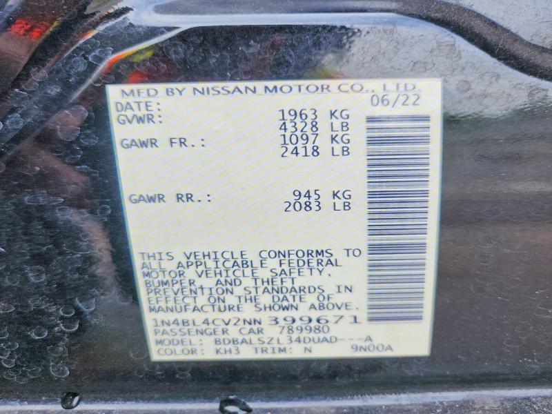 2022 Nissan Altima მანქანა იყიდება აუქციონზე, vin: 1N4BL4CV2NN399671, აუქციონის ნომერი: 57692306