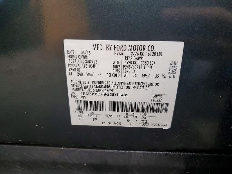Продаж на аукціоні авто 2016 Ford Explorer, vin: 1FM5K8DH9GGD11485, номер лоту: 58209236