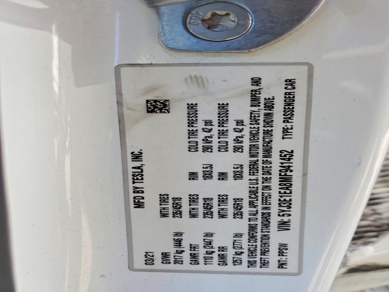 57513686 :رقم المزاد ، 5YJ3E1EA8MF941452 vin ، 2021 Tesla Model 3 مزاد بيع