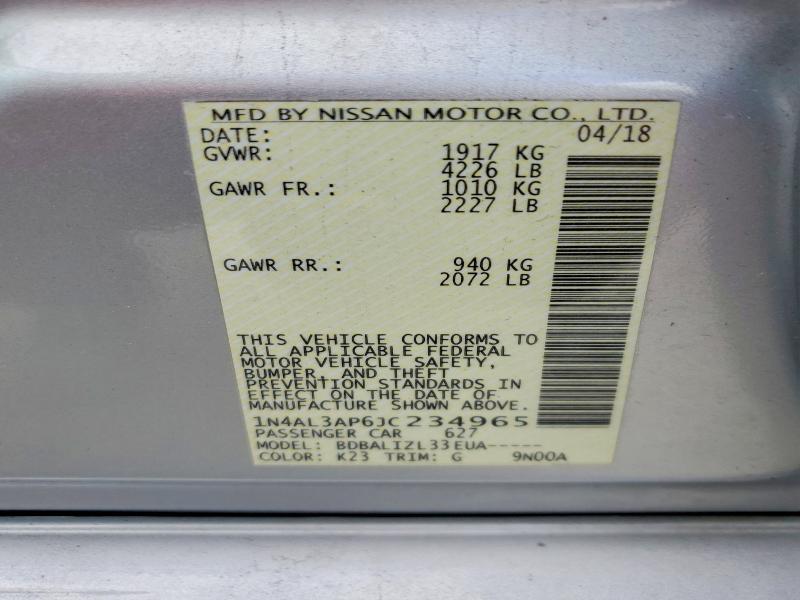 Продаж на аукціоні авто 2018 Nissan Altima, vin: 1N4AL3AP6JC234965, номер лоту: 58003276