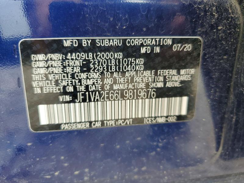 Продажа на аукционе авто 2020 Subaru Wrx, vin: JF1VA2E66L9819676, номер лота: 58331056