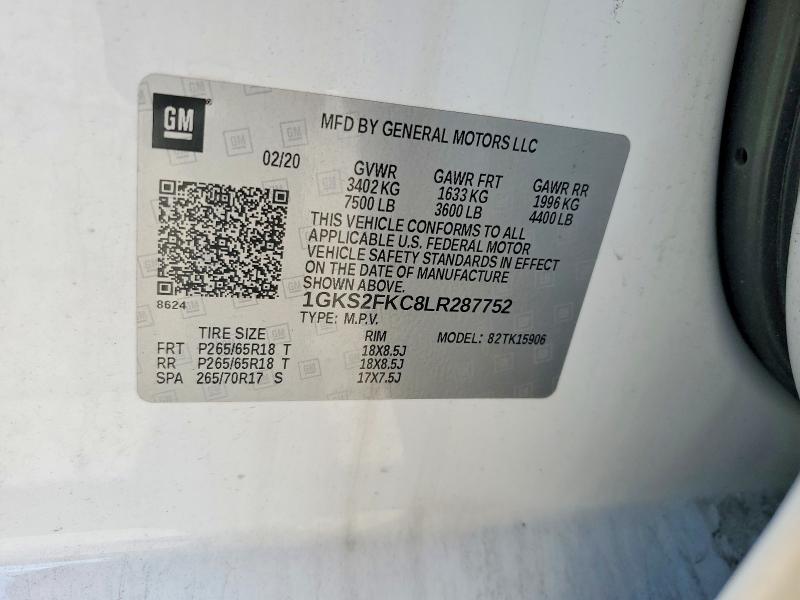2020 Gmc Yukon Xl მანქანა იყიდება აუქციონზე, vin: 1GKS2FKC8LR287752, აუქციონის ნომერი: 55558206