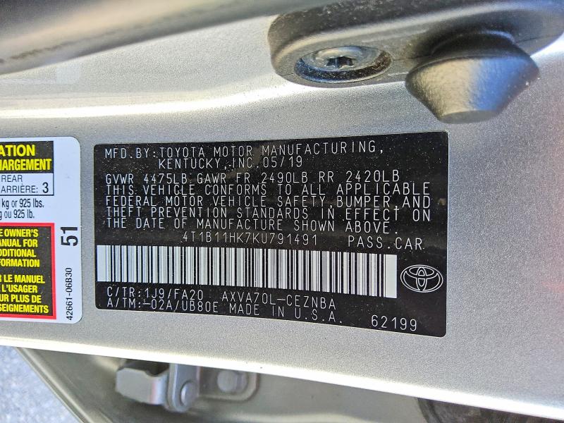 56164386 :رقم المزاد ، 4T1B11HK7KU791491 vin ، 2019 Toyota Camry مزاد بيع