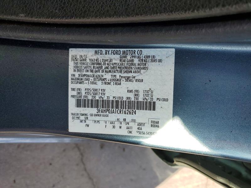 2012 Ford Fusion მანქანა იყიდება აუქციონზე, vin: 3FAHP0JA1CR162624, აუქციონის ნომერი: 56132796