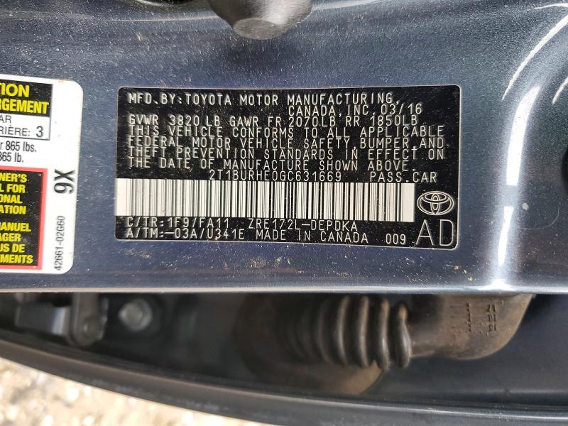 Продажа на аукционе авто 2016 Toyota Corolla, vin: 2T1BURHE0GC631669, номер лота: 55308546