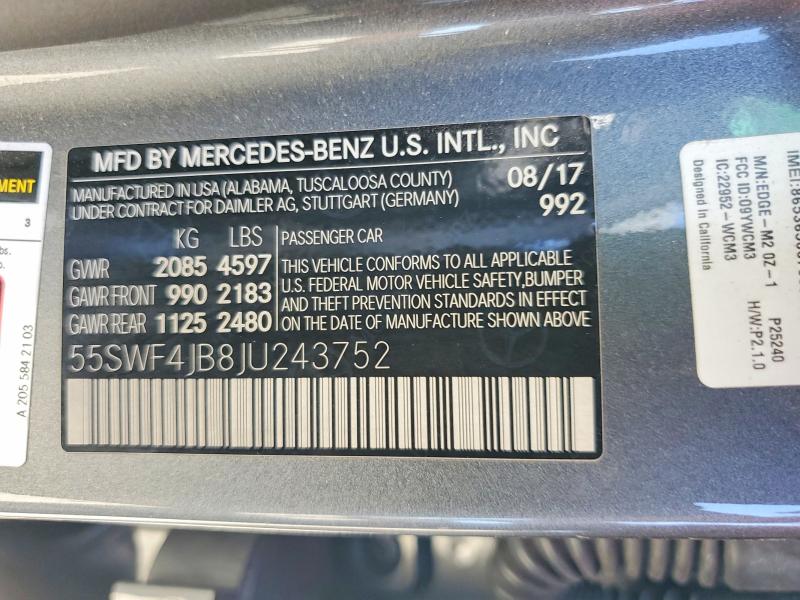 Aukcja sprzedaży 2018 Mercedes-benz C, vin: 55SWF4JB8JU243752, numer aukcji: 59010506