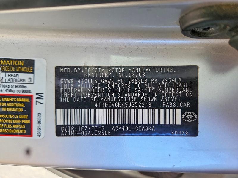 Продаж на аукціоні авто 2009 Toyota Camry, vin: 4T1BE46K49U352218, номер лоту: 85458865