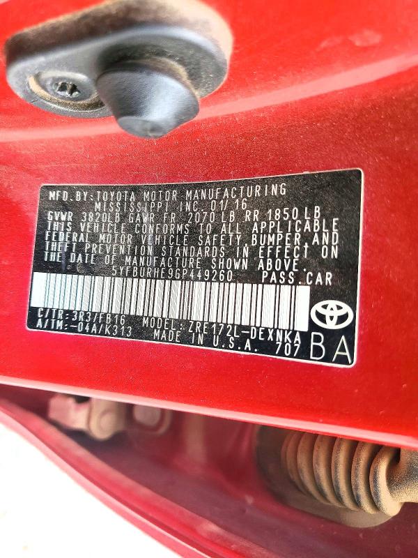 58402366 :رقم المزاد ، 5YFBURHE9GP449260 vin ، 2016 Toyota Corolla مزاد بيع