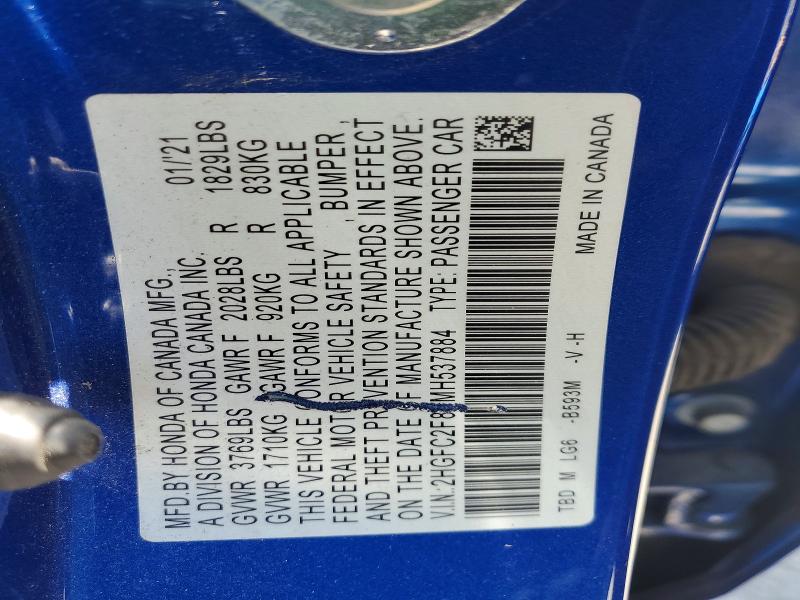 Продаж на аукціоні авто 2021 Honda Civic, vin: 2HGFC2F80MH537884, номер лоту: 58747316
