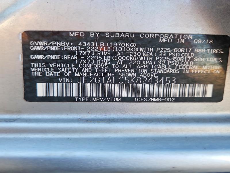 57722806 :رقم المزاد ، JF2GTAEC5K8243453 vin ، 2019 Subaru Crosstrek مزاد بيع