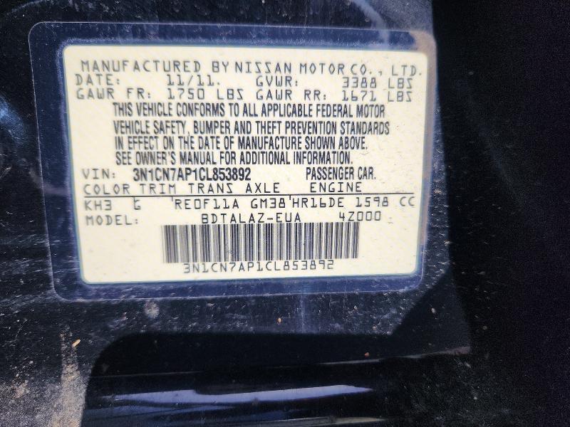 Продажа на аукционе авто 2012 Nissan Versa, vin: 3N1CN7AP1CL853892, номер лота: 58277946