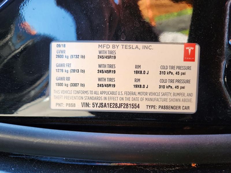 2018 Tesla Model S მანქანა იყიდება აუქციონზე, vin: 5YJSA1E28JF281554, აუქციონის ნომერი: 57498306