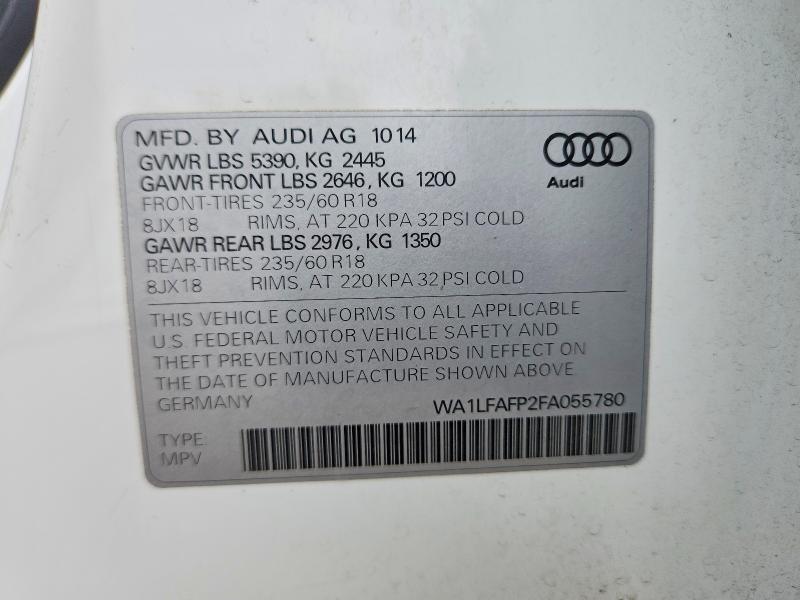 2015 Audi Q5 მანქანა იყიდება აუქციონზე, vin: WA1LFAFP2FA055780, აუქციონის ნომერი: 55963156