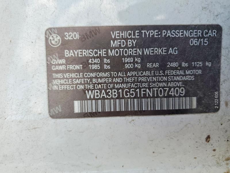 Продажа на аукционе авто 2015 Bmw 320, vin: WBA3B1G51FNT07409, номер лота: 57086146