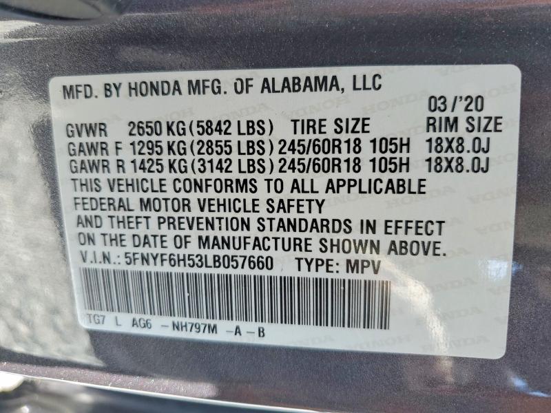 57471206 :رقم المزاد ، 5FNYF6H53LB057660 vin ، 2020 Honda Pilot مزاد بيع