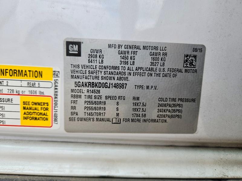 2016 Buick Enclave მანქანა იყიდება აუქციონზე, vin: 5GAKRBKD0GJ148987, აუქციონის ნომერი: 57723926